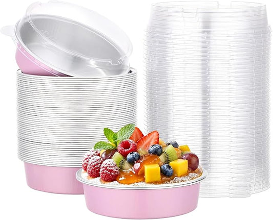 Beasea Mini Pie Pans with Lids, 50 Pack 7.3oz Disposable Aluminum Foil Tart Pans, 4 Inch Round Oven Baking Mini Cake Cups Tin for Cheesecake Pie Tart Quiche - Pastel Pink by Beasea