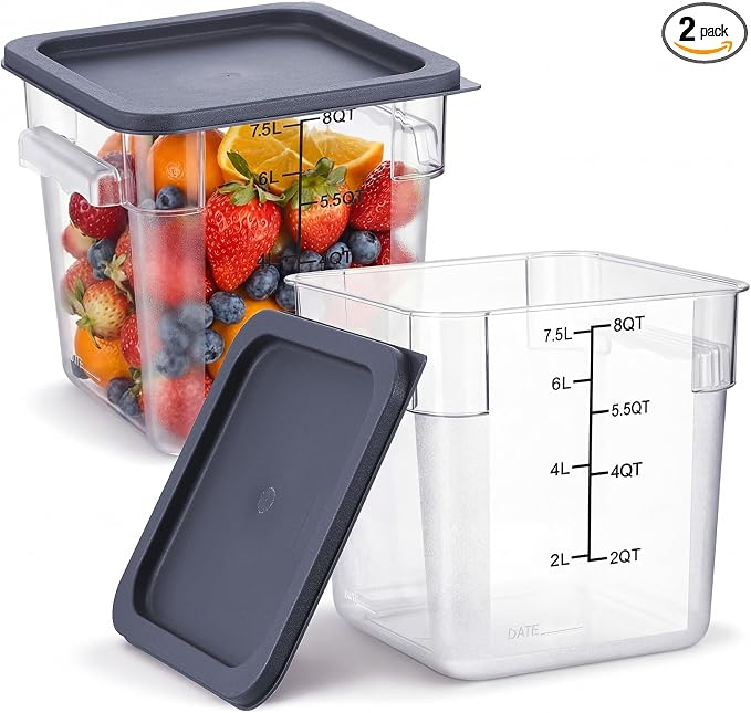 2 Pcs Square Food Storage Container Polycarbonate Clear Food Container with Gray Lid Commercial Rice Storage with Gray Graduations for Commercial Kitchen(8 Qt) by Suclain
