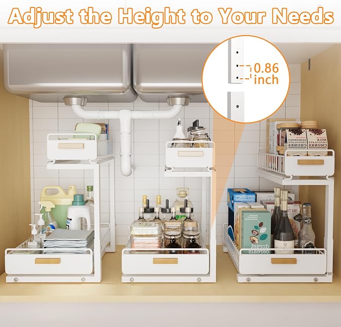 Under Sink Organizer 1 Pack Pull Out Cabinet Organizer with Ball Bearing Sliding Drawer 2 Tier Adjustable Storage Rack Heavy Duty for Kitchen Bathroom White - Image 7