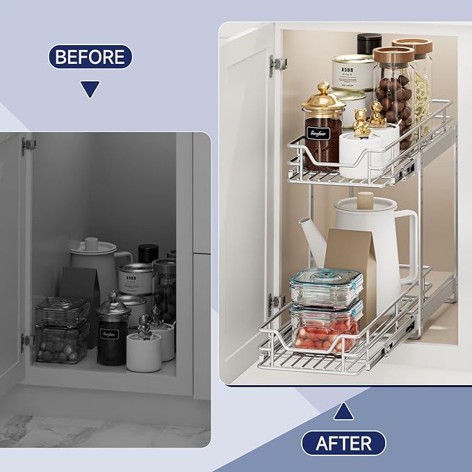 2-Tier Pull Out Cabinet Organizer, 5.5" W x 21.5" D, Heavy Duty Dual Slide Out Shelves for Narrow Base Cabinets, Chrome Wire Basket Drawer for Spices, Bottles & Snacks - Image 7