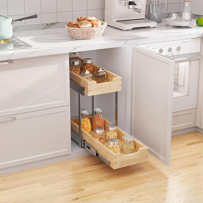 Sikarou Wood Pull Out Cabinet Organizer 2 Tie 9" W x 21" D, Heavy-Duty Sliding Drawers for Inside Cabinets Storage and Organization for Kitchen, Pantry, Bathroom - Image 5