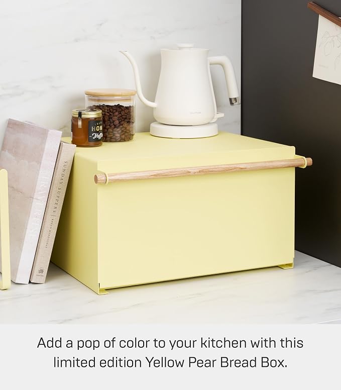 YAMAZAKI Home Modern Bread Box – Steel + Wood Countertop Bread Storage Container, Large Yellow Bread Box for Kitchen Countertop, Space-Saving Bread Keeper, Easy Access Lid - Image 3