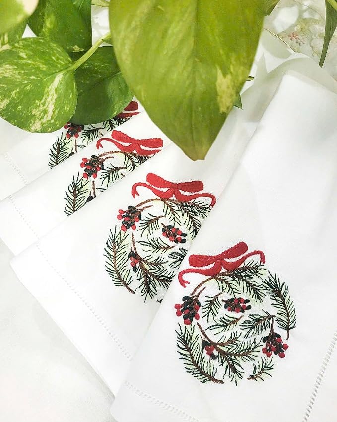 Embroidered Cloth Napkin Pine Ornament Christmas Cotton Napkins Set of 6, 20x20 Hemstitch Table Napkins Machine Washable, Daily & Christmas, Great Present Ideas - Image 4