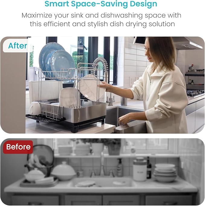 Home Zone Living Dish Drying Rack for Kitchen Counter with 2-Tiers | Stainless Steel with Drip Tray, Extendable Water Drainage Pipe, and Holders for Utensils, Wine Glasses and Cutting Board - Image 6