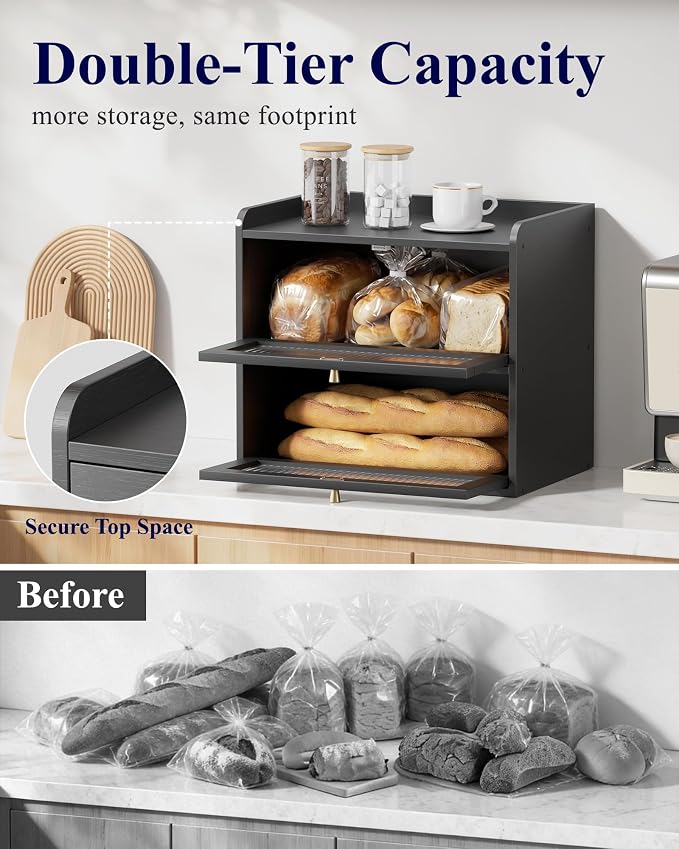 Kitsure Wooden Bread Box for Kitchen Countertop, Large Capacity, Black | 2-Tier Bamboo Bread Container, Bread Storage Container with Magnetic Acrylic Door, Pantry Organizers and Storage for Loaves - Image 3