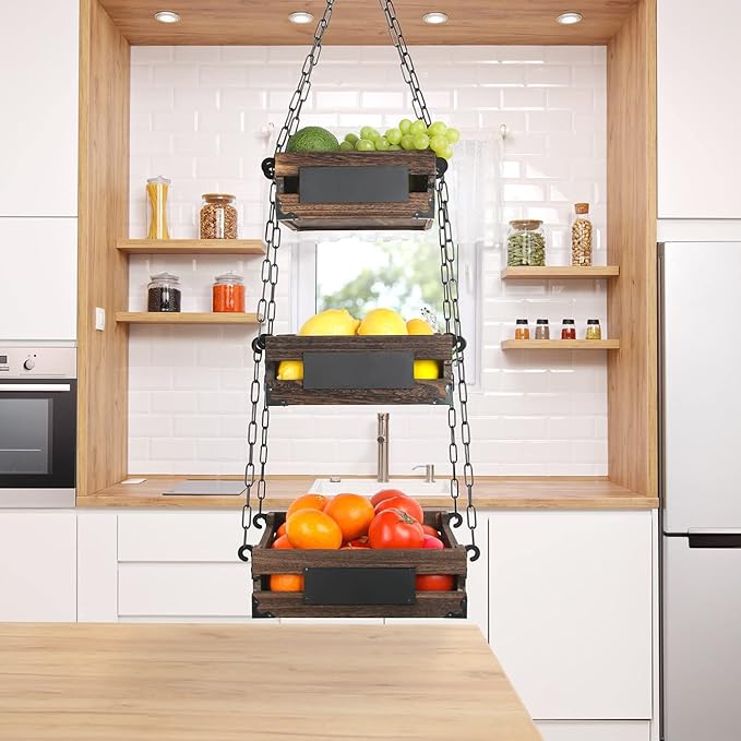 J JACKCUBE DESIGN 3-Tier Rustic Wood Hanging Fruit Basket, Kitchen Fruit, Vegetable Storage Organizer, Countertop Space Saver- Heavy Duty Metal Hooks- MK1008A - Image 5