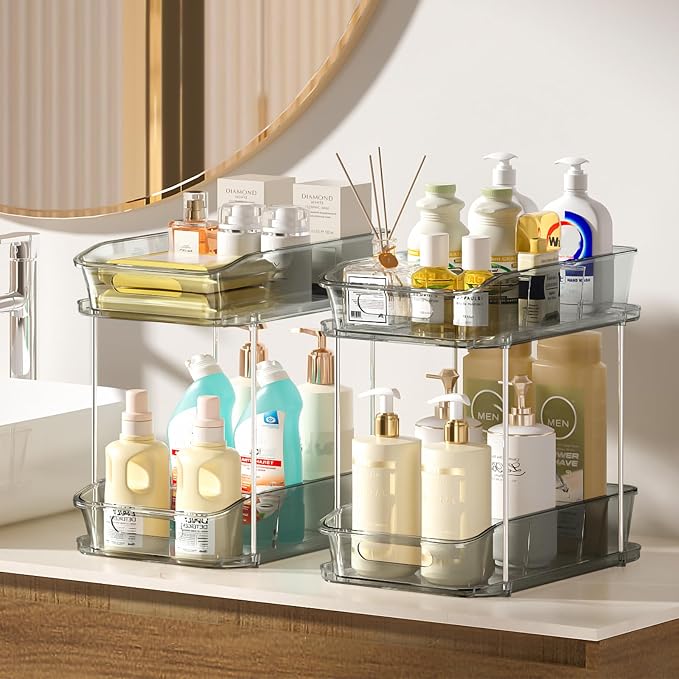 Delamu 2-Tier Under Sink Organizers and Storage, Multi-Purpose Stackable Bathroom Cabinet organizers, Pull Out Kitchen Pantry Organization and Storage with Dividers(4 Pack, Grey) - Image 6