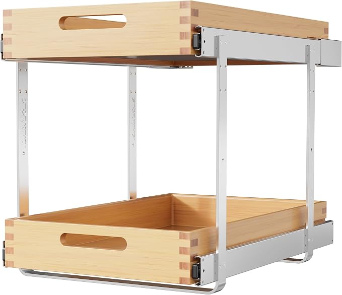 2 Tier Pull Out Drawers for Cabinets 15"W x 21"D, Farmeless&Farme | Full Slide Out Wood Drawer Shelf, Heavy Duty Caddy Pull Out Cabinet Organizer, Base Cabinet Organization for Kitchen, Pantry by STORKING