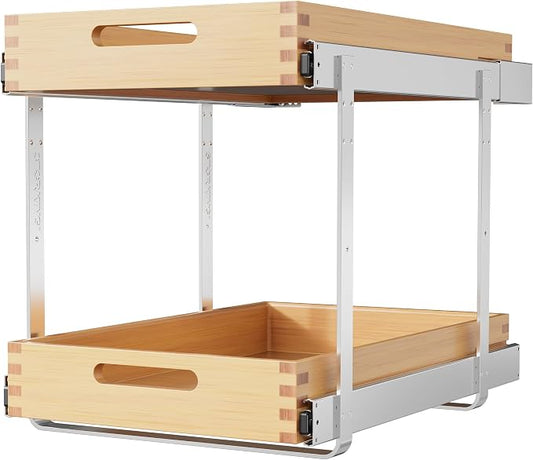 2 Tier Pull Out Drawers for Cabinets 15"W x 21"D, Farmeless&Farme | Full Slide Out Wood Drawer Shelf, Heavy Duty Caddy Pull Out Cabinet Organizer, Base Cabinet Organization for Kitchen, Pantry by STORKING