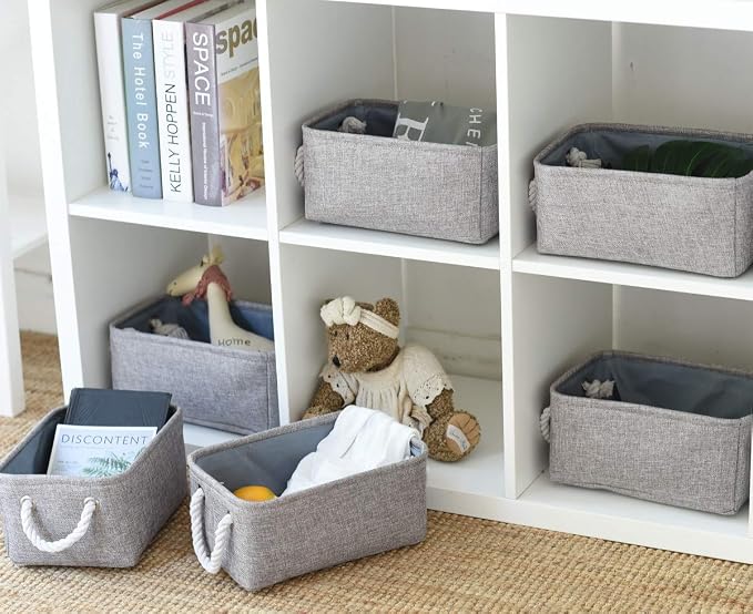 Foldable Small Storage Baskets with Strong Cotton Rope Handles [6-Pack] Gray Collapsible Storage Bins Set Works Room Storage, Nursery Baskets - Image 7