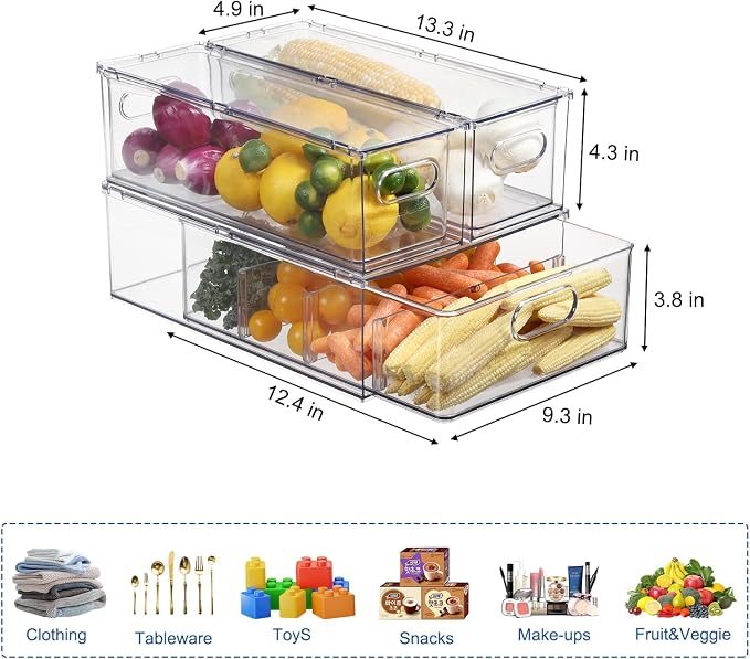 Fridge Organizers and Storage Pull Out Drawer, 2 Small + 1 Large | Dividers, Stackable, Clear, Fruit and Veggies Containers, for Kitchen, Cabinet - Image 2