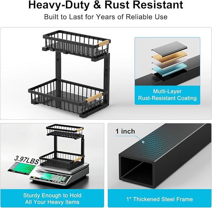 Under Sink Organizer 2 Pack, Adjustable Height 2-Tier Pull Out Cabinet Organizers, Heavy Duty Metal Slide Out Drawers, Under the Sink Organization and Storage Shelf for Kitchen Bathroom Pantry, Black - Image 4