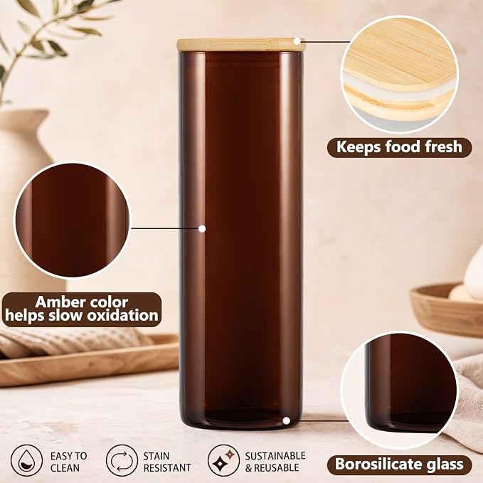 3 Pack 2.3 Qt Square Amber Glass Storage Jars with Lids, 74oz Tall Spaghetti Brown Glass Containers with Bamboo Lids for Pasta Noodles Flour Oat Cereal Sugar Beans Pantry Jar - Image 3