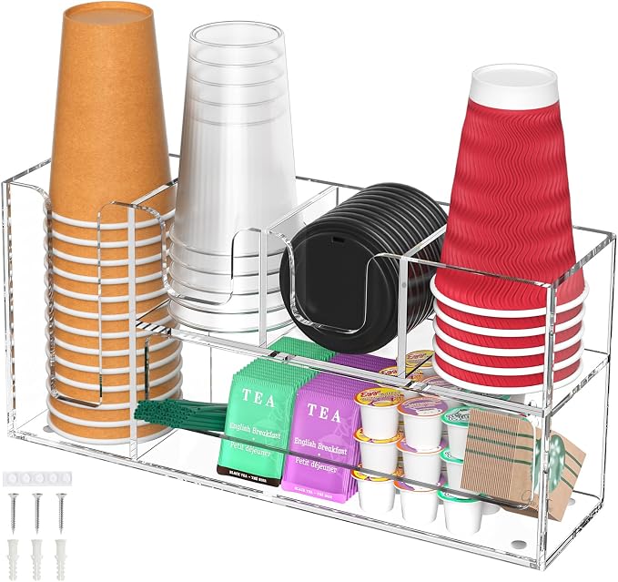 2-Tier Coffee Station Organizer for Countertop, 5 Compartments Clear Acrylic Cup and Lid Holder Tea Condiment Storage Upright Coffee Bar Organizer Pod Dispenser for Office Breakroom Home Kitchen by ENJOYYOURLIFE