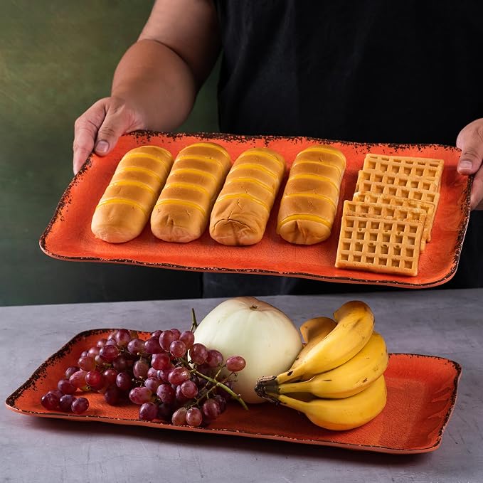 LEHAHA Melamine Serving Tray/Platters Set of 2, 17.5" x 10", 2-Piece Large Rectangular Melamine Platter Set for Serving Food, Orange - Image 2