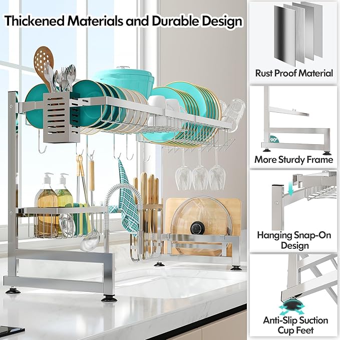 2 Tier Extra Large Stainless Steel Over The Sink Dish Drying Rack | Rust Proof Metal, Expandable Kitchen Sink Drainer, Counter Space Saving, Heavy Duty, Modern Silver, Multifunctional Storage - Image 3