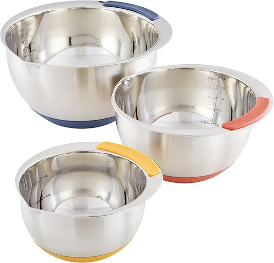 Ayesha Curry Kitchenware Pantryware Stainless Steel Nesting Mixing Bowls, 3-Piece Set, Silver with Color Accent Handles by AyeshaCurry