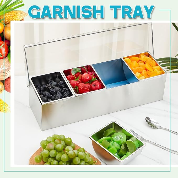Boao 4 Slot Yakumi Pan Stainless Steel Condiment Tray Garnish Tray with 4 Ice Boxes Condiment Container with Lid for Spring Easter Party Hot Pot Sauce Station Bar Drink Topping Prep Station Supplies - Image 5