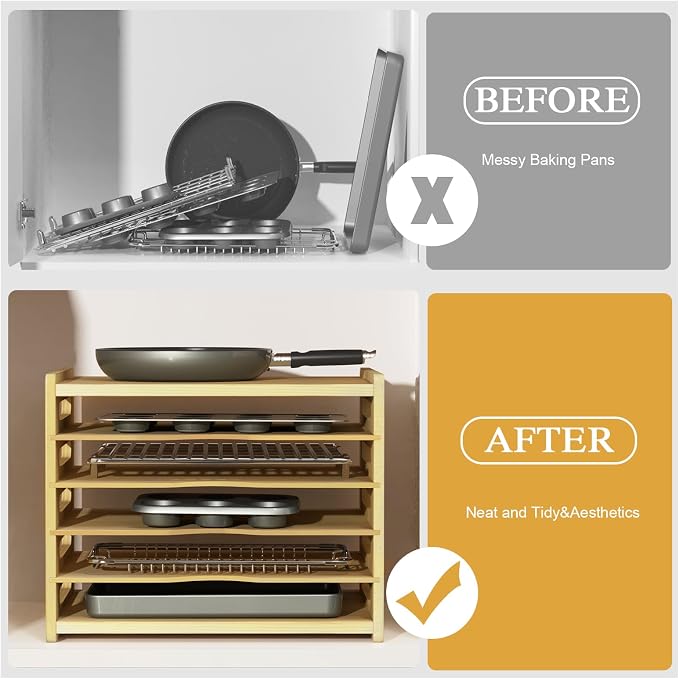 6 Tier Wood Tray Dividers for Cabinets, Cookie Sheet Organizer for Cabinet | Premium Wood, Multiple Sizes, Saving Space, Vertical Tray Dividers for Storing pans, Baking trays, Cutting Board - Image 6