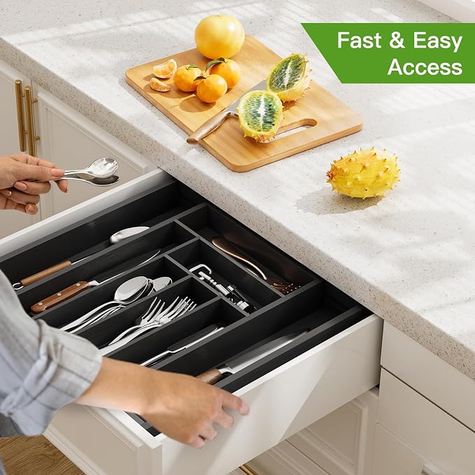 Pipishell Bamboo Expandable Drawer Organizer for Utensils Holder, Adjustable Cutlery Tray, Wood Drawer Dividers Organizer for Silverware, Flatware, Knives in Kitchen, Bedroom, Living Room(M-Black) - Image 7