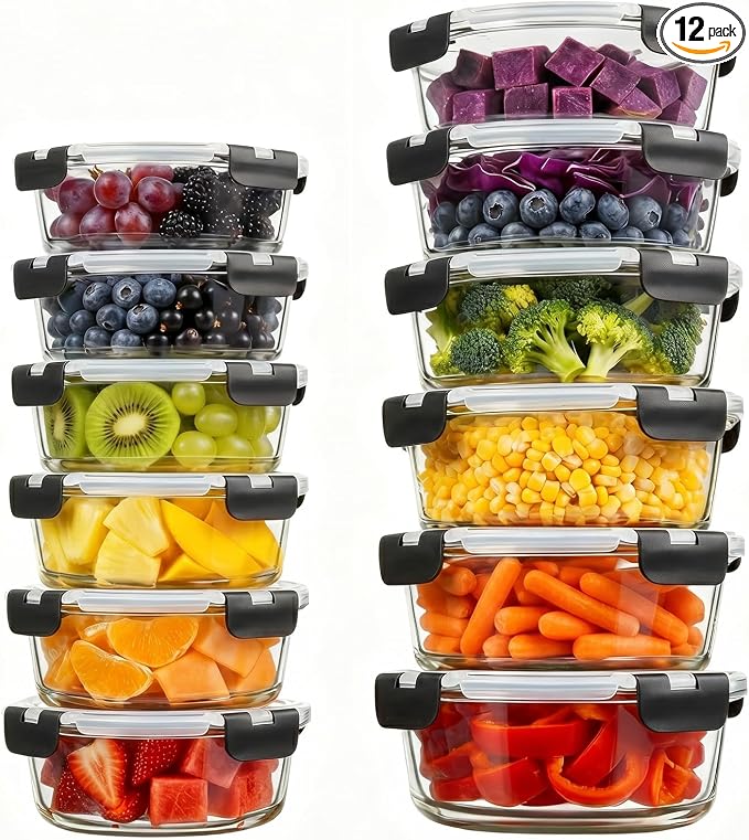 Konokyo Round Glass Food Storage Containers with Lids, Meal Prep, 12 Pack | Airtight Leakproof Meal Prep Containers, BPA-Free, Microwave Oven Freezer & Dishwasher Safe, Assorted Sizes by Konokyo