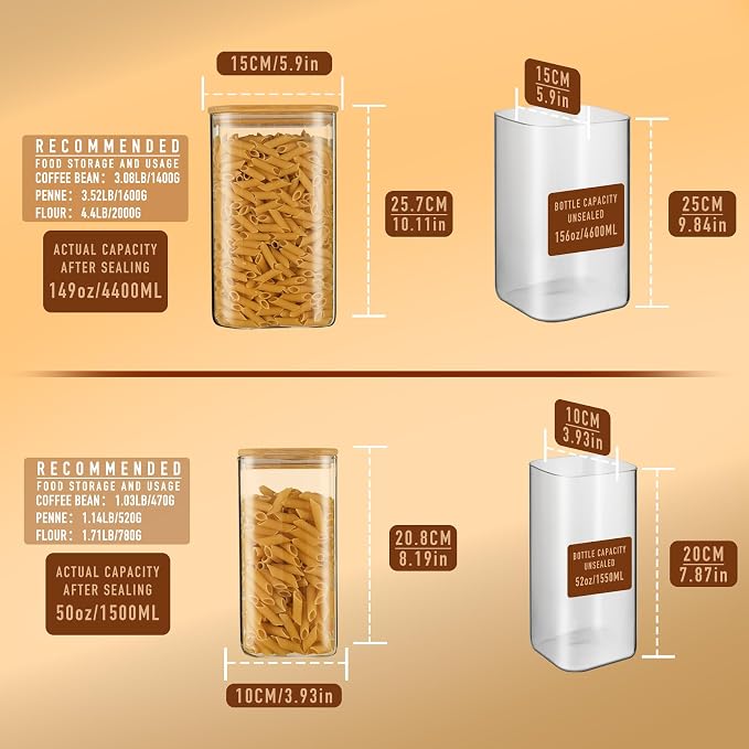 D2scrma 149oz 50oz Airtight Glass Square Storage Canister with Bamboo Lid Set of 2(4400ml*1 1500ml*1) Large Gallon Glass Jars for Sugar, Flour, Cookies and Coffee beans (‎with Black Lable) - Image 2