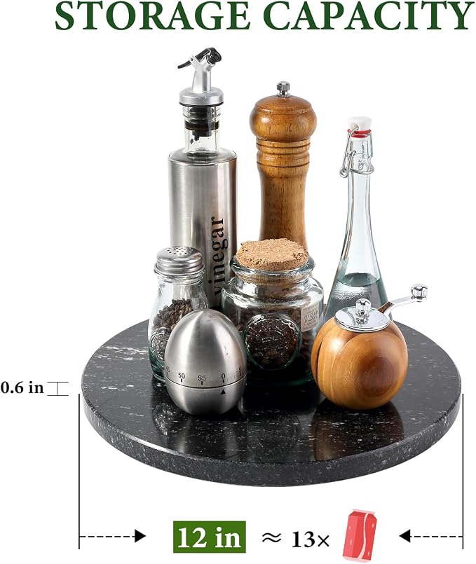 12'' Black Marble Lazy Susan Marble Turntable for Kitchen Dinning, Granite Lazy Susans Organizer for Cabinet, Serving Rotation Spinning Tabletop Organizer Swiveling, Spice Rack Storage - Image 3