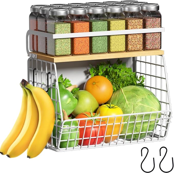 Magnetic Shelf for Fridge with Wood Lid, Fruit Potato and Onion Storage Bins, Pantry Organizers & Storage, Large Container Magnetic Spice Rack for Refrigerator, Kitchen Counter (White, 1) by Ofiray-home