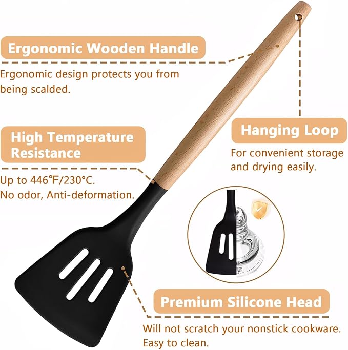 Silicone Kitchen Utensils Set of 6, Cooking Utensils Set with Heat Resistant Wooden Handle, Nonstick Silicone Spatula Spoon Turner Ladle, Cooking Kitchen Gadget for Cookware & Baking BPA FREE - Image 2
