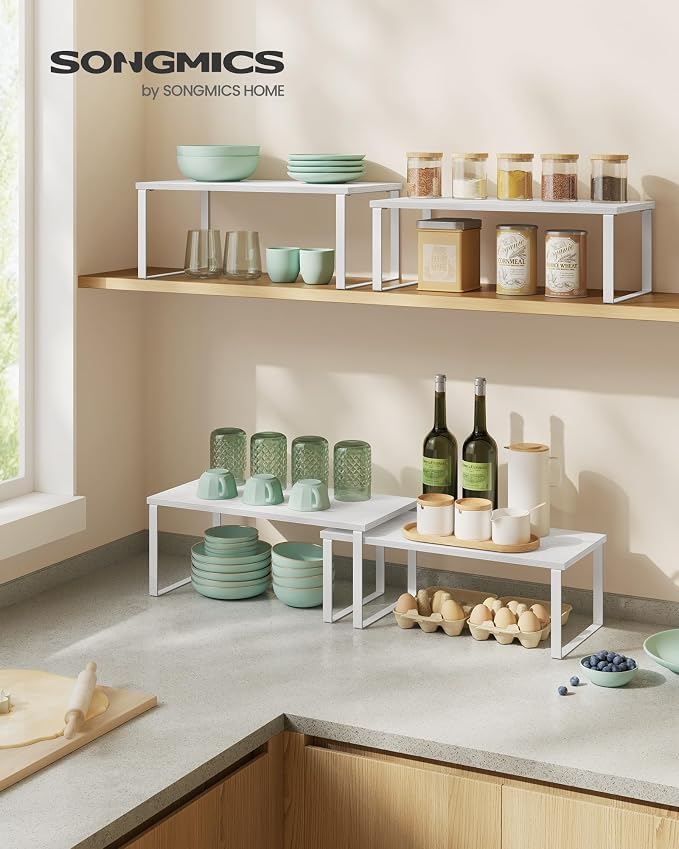 SONGMICS Cabinet Organizer Shelf, Set of 4 Kitchen Counter Shelves, Kitchen Storage, Spice Rack, Stackable, Expandable, Metal and Engineered Wood, Cloud White and Snow White UKCS028W01 - Image 2