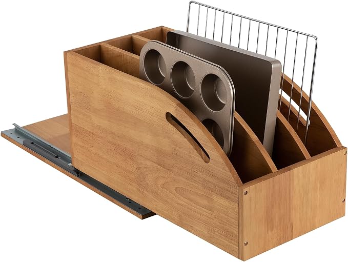 DINDON Pull Out Cabinet Organizer for Pans, Pot lid, Cookie Sheet, Cutting Board, Baking Tray, Slide Out Kitchen Cabinet Storage Organizer, 10.5''W X 21"D X 10.6"H, Wood - Image 7
