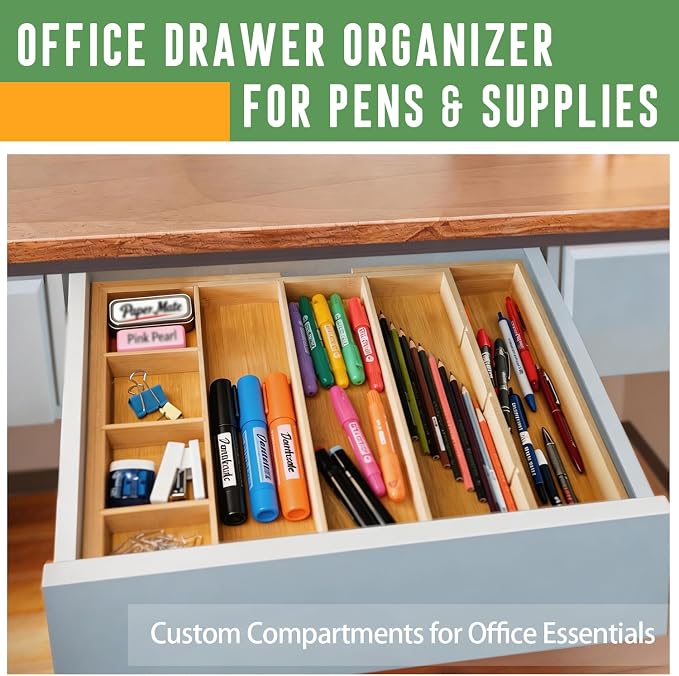 Bamboo Expandable Drawer Organizer, 15"-22" Storage Tray | Expandable 15"-22" bamboo drawer organizer with removable dividers, customizable storage for kitchen, makeup and office. - Image 8