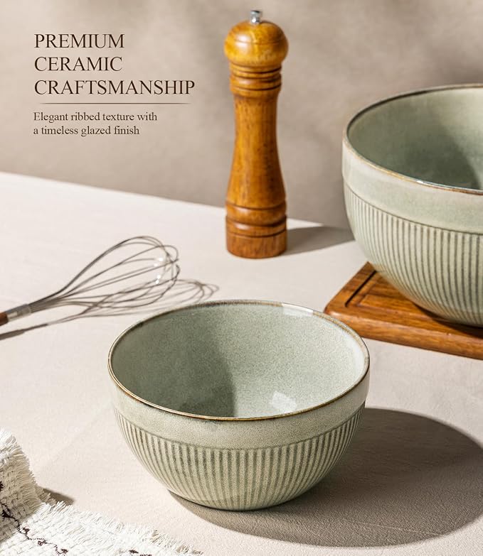 GBhome Ceramic Mixing Bowls Set of 3, Stoneware Nesting Serving Bowls, | 45/90/150 oz For Prep, Baking, Serving, Gift, Microwave and Dishwasher Safe, Ribbed Dishware Collection,Desert Sage - Image 5