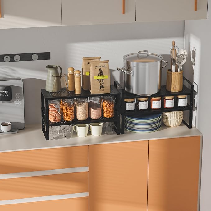 Expandable,Adjustable & Stackable Spice Rack, Cabinet Kitchen Countertop Shelf Organizer,Metal Pantry Storage Shelves - Space-Saving Storage Solution(2Packs/Black/Large) - Image 5