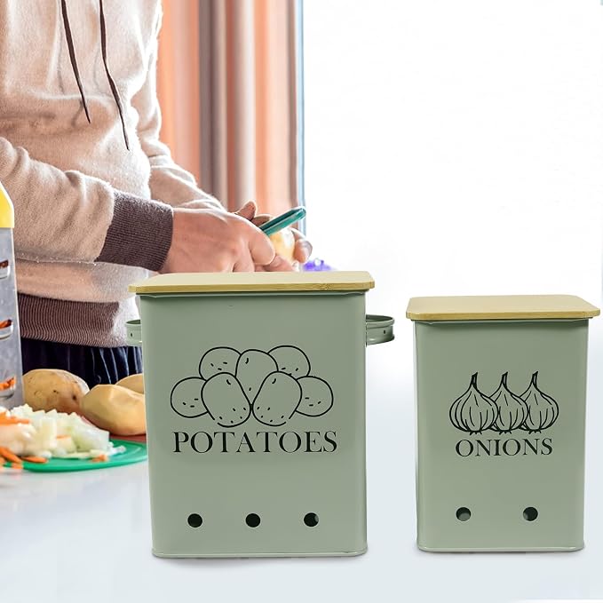 Kitchen Vegetable Storage Tins Set of 2, Onion and Potato Storage Bins with Wooden Lid and Aerating Holes, Garlic Bin Caddy, Vintage Kitchen Decor, Green - Image 4