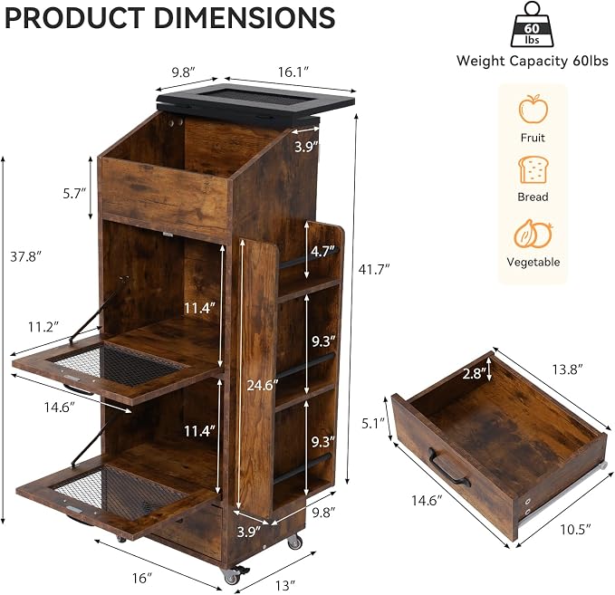 Verano Garden 16.0" Potato and Onion Storage Bin on Wheels, Bread Box | Fruit and Vegetable Organizer, Rolling, Side Rack, Flip-top, Mesh Doors, 4-Tier, Grocery Section, Ventilated, Wood, Kitchen - Image 2