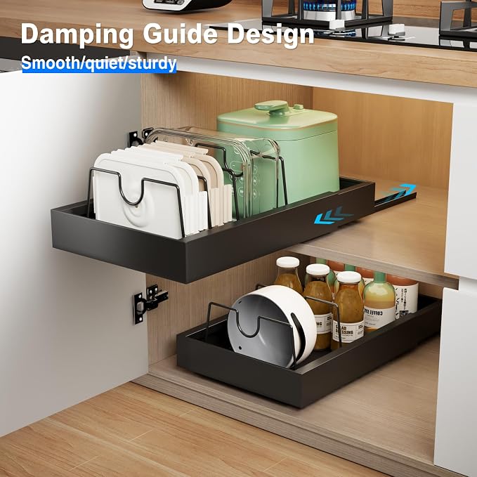 Mustorn 2 Pack Pull Out Cabinet Organizer with 8 Dividers,21.8" Deep Slide Out Drawers for Cabinets Adhesive Pull Out Drawers Heavy Duty Pull Out Shelves for Kitchen, Cupboard, Pantry, Bathroom-Black - Image 3