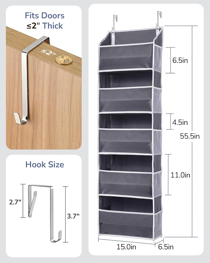 ULG 1 Pack Over Door Organizer with 5 Large and 10 Mesh Side Pockets, 44 lbs Weight Capacity Hanging Storage with Clear Window Kids Toys, Shoes, Diapers, Dark Grey, 5 Layers - Image 7