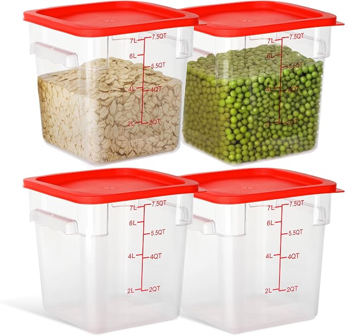 4 Pack 8QT Square Food Storage Containers with Lids | Clear NSF polycarbonate containers with scale, label and measuring cup, stackable for prep, storage, freezer. Dishwasher safe by STEELUS