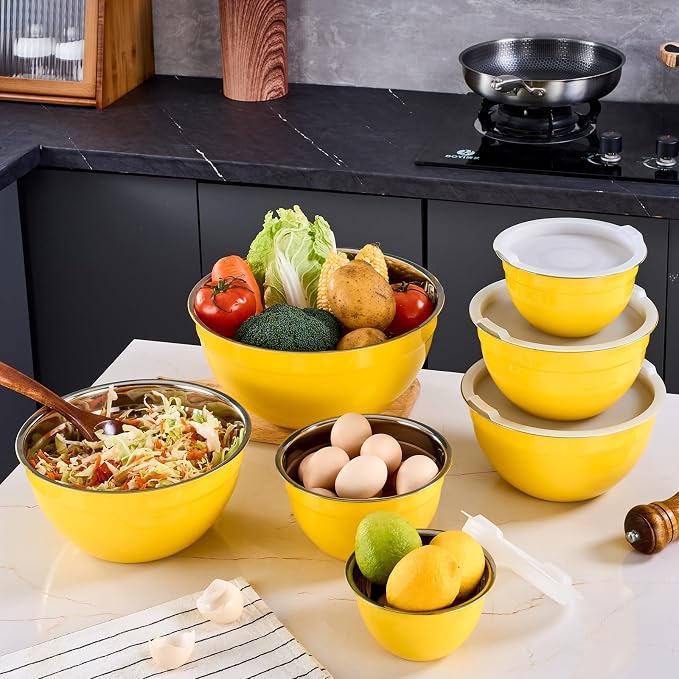 Yellow Mixing Bowls With Airtight Lids,Stainless Steel Bowl,Salad Bowls 7 Piece Colorful Nesting Bowl Yellow Kitchen Accessories,Size 7,3.6,2.7,2.1,1.5,1.1,0.8QT Stackable Design - Image 7