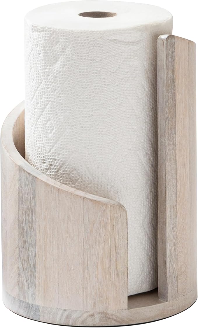 Anji Mountain Wooden Paper Towel Holder with Metal Holder, Holder Stand for Kitchen Roll Organizer & Kitchen Dining Table Home Décor, Countertop Fits Jumbo & Mega Rolls - Whitewash/Nickel, Classic - Image 2