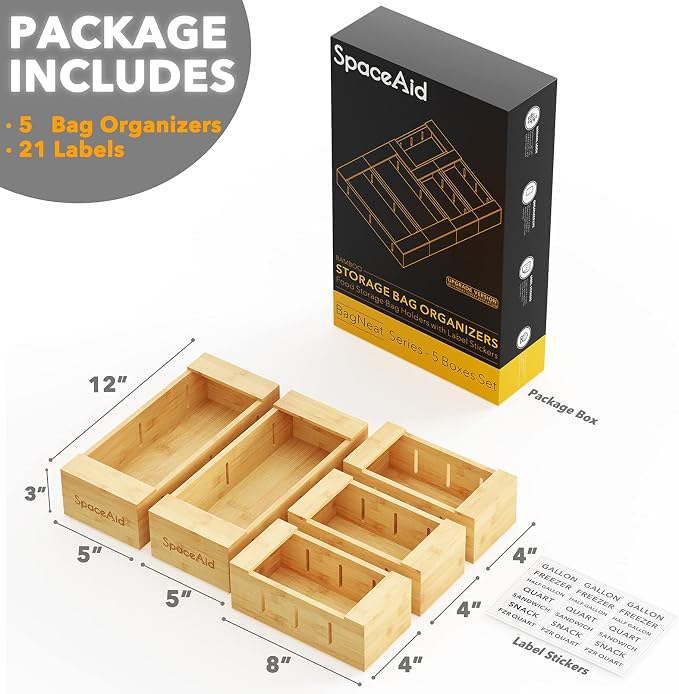 SpaceAid Bag Storage Organizer for Kitchen Drawer, Bamboo Organizer, Compatible with Gallon, Quart, Sandwich and Snack Variety Size Bag (5 Pack Set) - Image 3