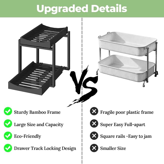 MHXW SXPN Bamboo Under Sink Organizer, 2 Pack Pull Out Cabinet Organizer | 2 Tier Vertical Smooth Slide Out Undersink Storage Shelf | Multi-Purpose Organizer Shelves for Kitchen Bathroom Medicine - Image 6