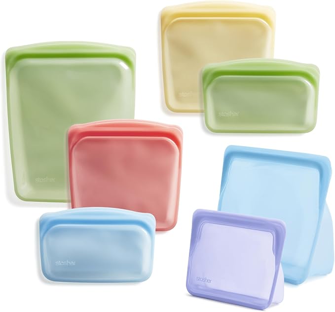 Stasher Reusable Silicone Food Storage Bags, 7-Pack, Multicolor | Food-Safe Silicone, Eco-Friendly, Reusable Freezer Bags, Microwave, Dishwasher, Oven, Sous Vide, Meal Prep, Lunch, Food-Safe by Stasher