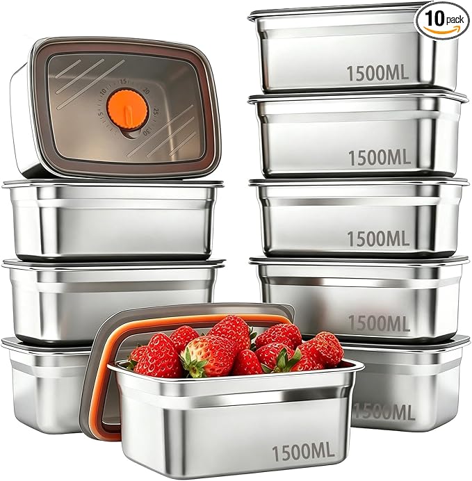 10 Pack 47oz Stainless Steel Food Storage Containers with Lids | BPA Free Leak Proof Metal Meal Prep Reusable Lunch Bento Boxes Women Kids for Gym, Picnic, Office, Outside, Dishwasher Safe by HCKTADD