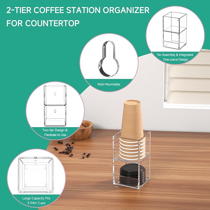 2-Tier Coffee Station Organizer for Countertop, 2 Compartments Clear Acrylic Cup and Lid Holder Tea Condiment Storage Upright Coffee Bar Organizer Pod Dispenser for Office Breakroom Home Kitchen - Image 4