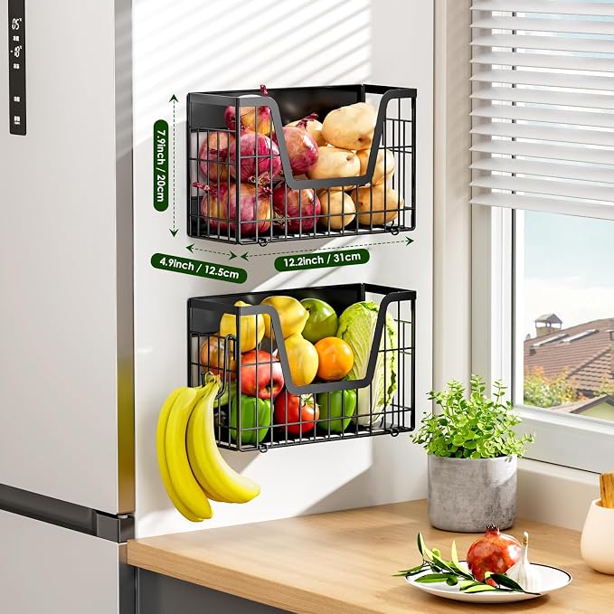 2 Pack Magnetic Shelf for Fridge, Fruit Potato & Onion Storage Bins | Magnetic Baskets for Fridge Shelves, Side of Fridge Storage Magnetic Spice Rack for Refrigerator Kitchen Laundry Organizer - Image 3