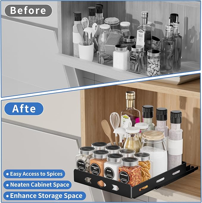 BOIVSHI Pull Out Spice Rack for Cabinet, 1 Tier, 8.4''Wx10.5''Dx2.8''H | Heavy Duty Metal Spice Rack Organizer for Pantry, Vertical Design Saves Space Inside the Cabinets, Black - Image 4