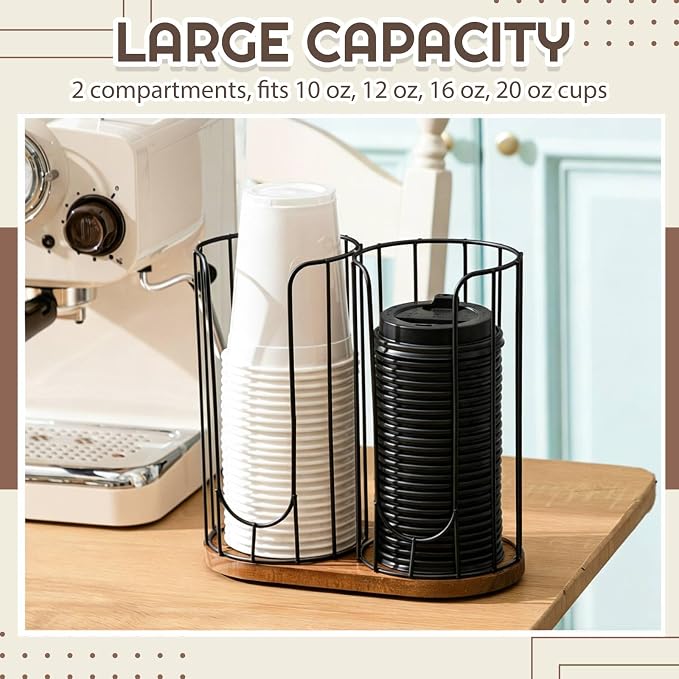 18oz Adjustable Coffee Cup Dispenser with Wooden Base, Cup and Lid Holder, Cups Holder Organizer for Coffee Pod Straw and Lid Storage(2-Compartment Single,Color 1) - Image 3