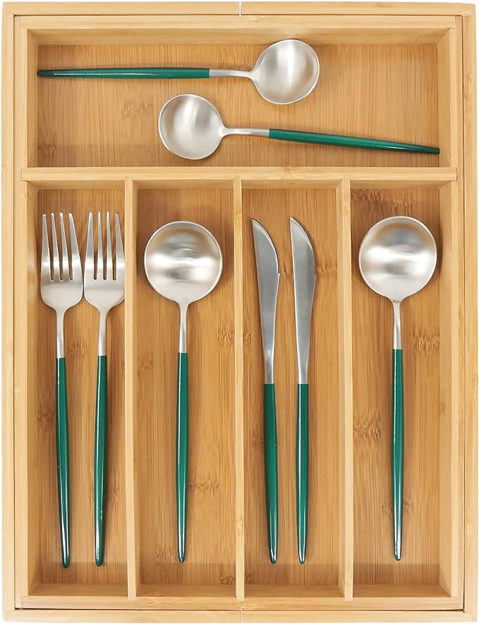 VaeFae Bamboo Drawer Organizer, Medium, Natural | Kitchen Utensil Holder, Multi-Function Drawer Storage，38 cm D x 29.2-45.7 cm W, 5-7 Slots, Natural - Image 2